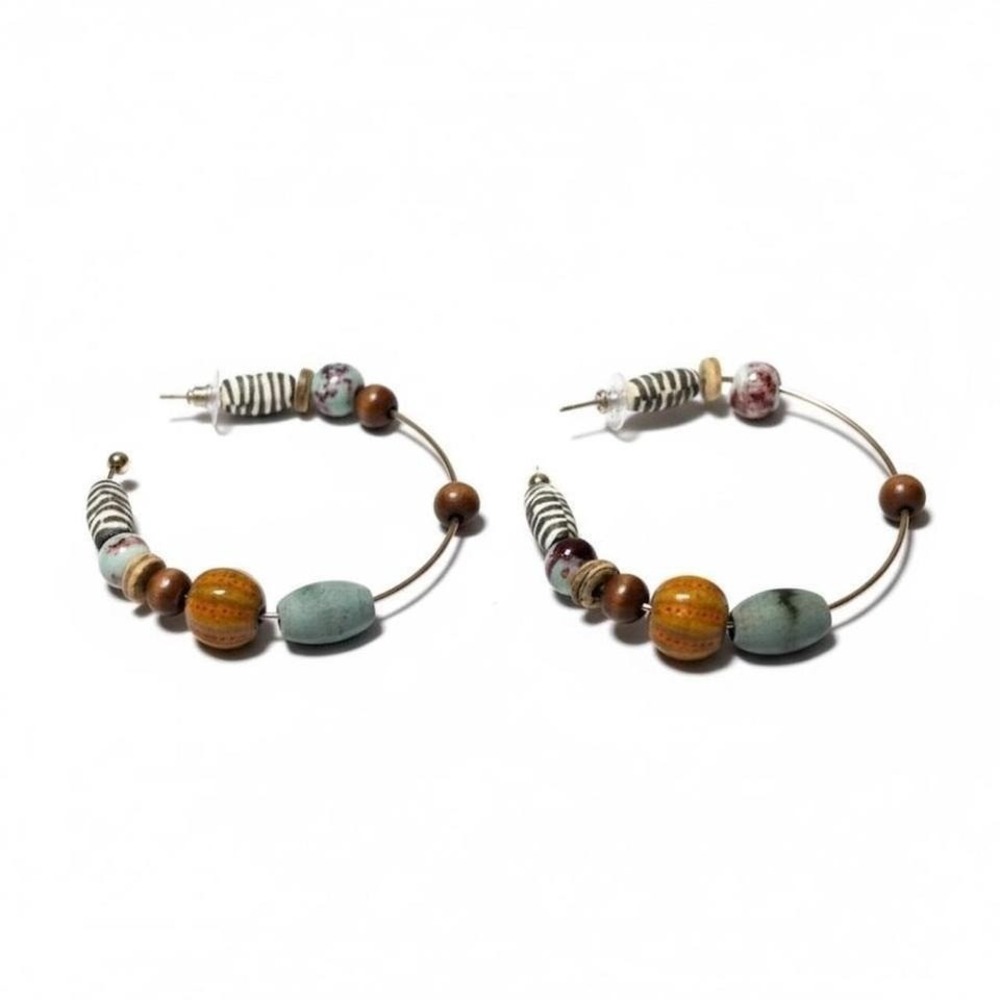 Boho Beaded Hoop Earrings Earthy Ceramic Wood Tribal Statement Jewelry‎